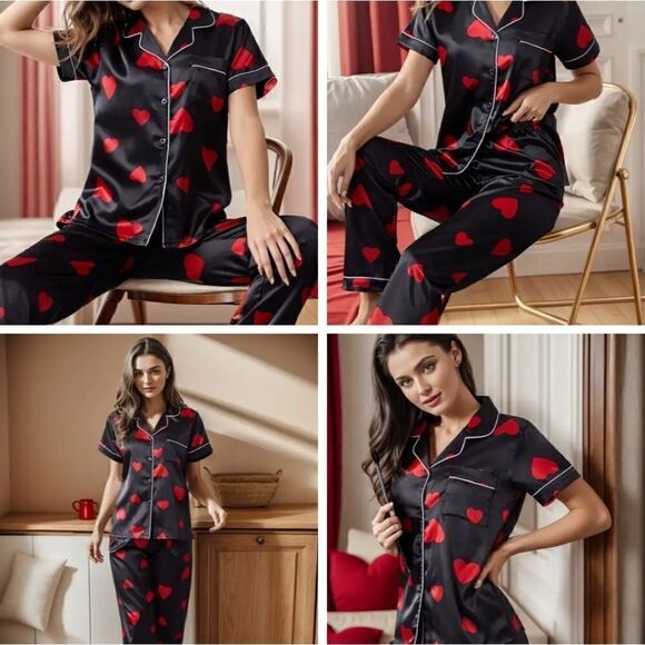 Women's Red Heart Print Black Pajama Set, Sleepwear and loungewear - Picture 5 of 12